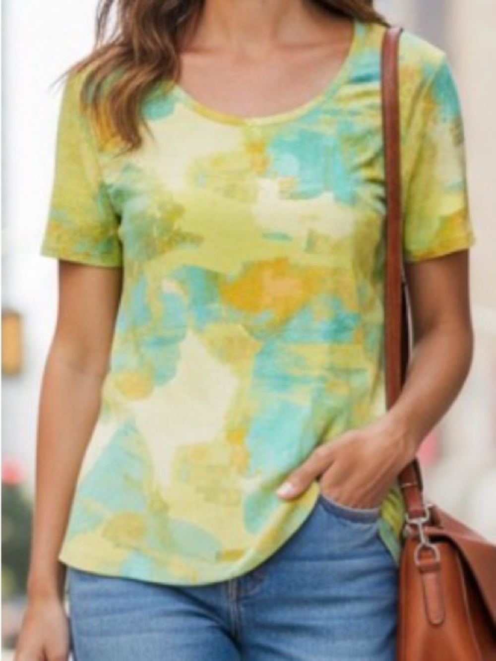 D&Co Abstract Yellow /Teal Green / Peach Print Top, Cotton Spandex, Short Sleeve